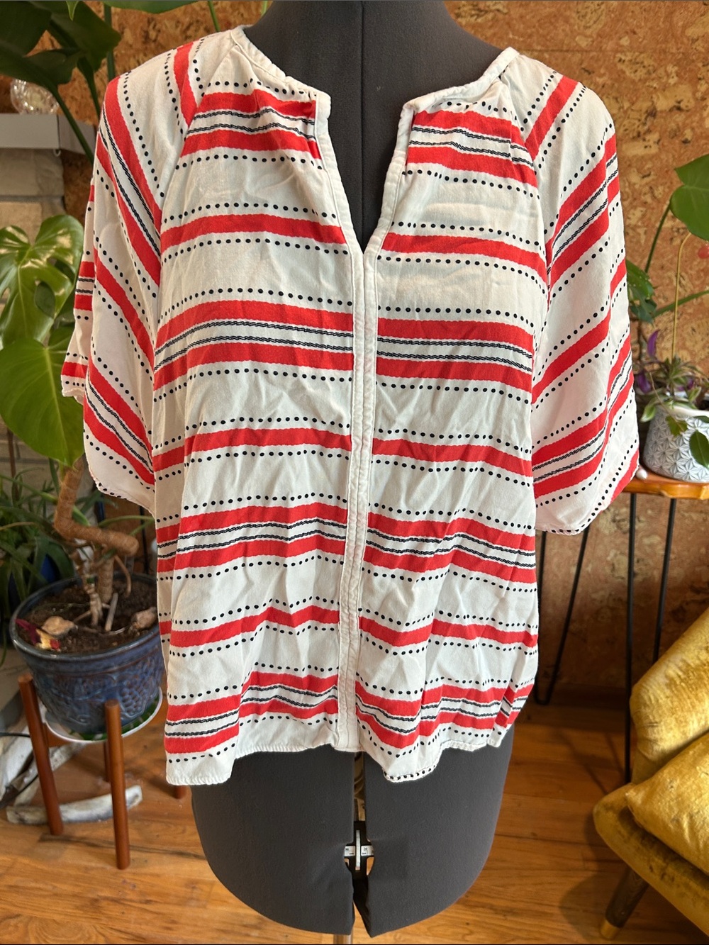 Elle White Blouse with Red & Black Stripes